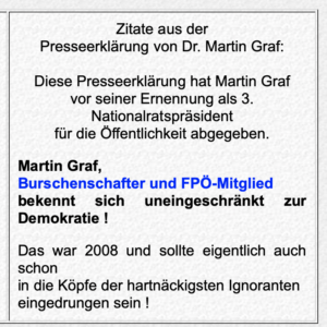 Martin Grafs Presseerklärung 2008: "Martin Graf, Burschenschafter und FPÖ-Mitglied bekennt sich uneingeschränkt zur Demokratie !" (Screenshot Website Aldania)