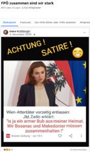 Gabor K. in FPÖ-Fan-Gruppe zu Ministerin Alma Zadi? (Screenshot FB 4.11.20)