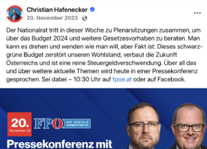 Hafenecker: Posting Ankündigung einer Pressekonferenz zum Budget (Screenshot FB 20.11.23)