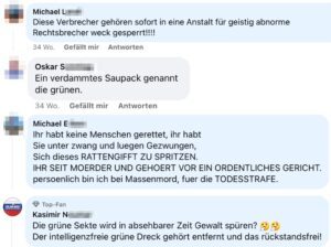 Kommentare beim FPÖ-Generalsekretär Hafenecker (Screenshots FB)