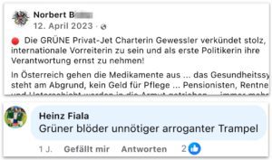 Norbert B. und Heinz Fiala zu Leonore Gewessler (Screenshot FB 12.4.23)