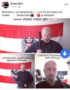 Mario F. martialisch mit Baseballschläger und Text: Skinhead ist kampfbereit, um für ein reines weißes Deutschland zu kämpfen" (Foto via ÖRA)